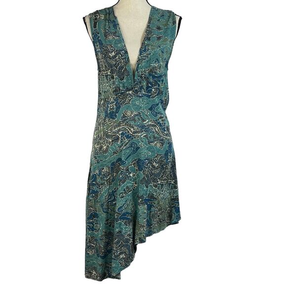Zadig & Voltaire Small Asymmetrical Dress Sleeveless Deep V-Neck Teal Abstract - Picture 3 of 11